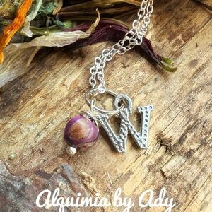 Silver initial Necklace with Purple turquoise Turquoise Bead Detail